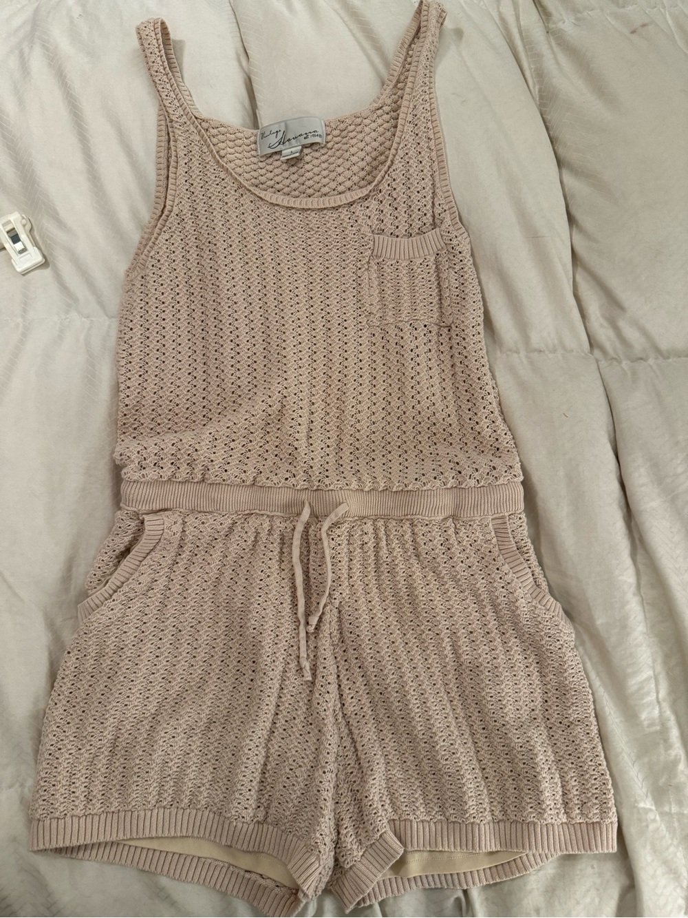 Vintage Havana Open-Knit Tank Romper in Beige